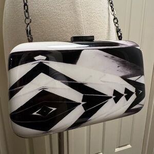 Y2K Ted Baker b&w pattern Hard Clutch w/ purple silk lining and crossbody chain
